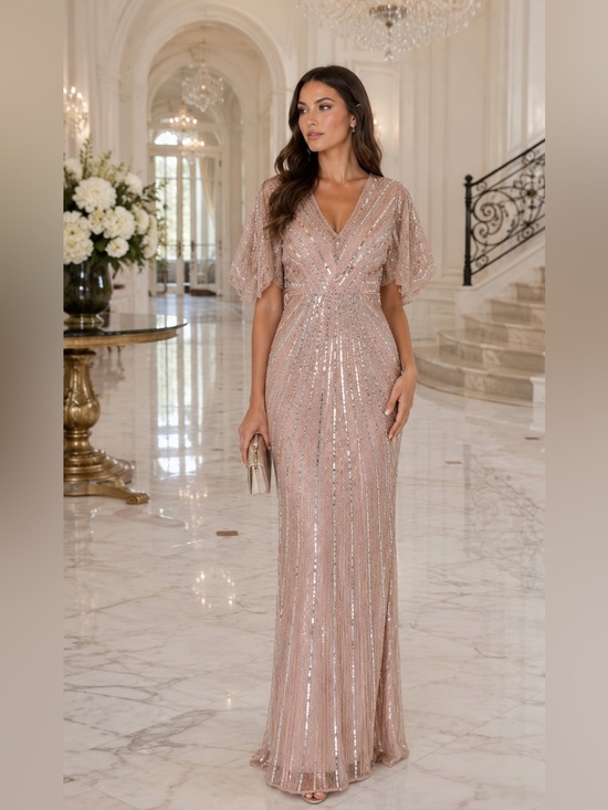 Mac Duggal Dresses & Skirts - NWT Mac Duggal 93583 Pink Sequined V Neck Cape Sleeve Column Gown Size 4